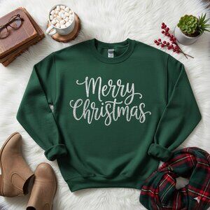 Green Merry Christmas Crewneck Sweatshirt Unisex Small Gildan